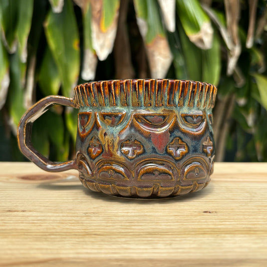 Handmade unique porcelain coffee mug with ancient carvings, handle cup with crosses and circles, high vibrational items, one of a kind tea cup, perfect gift for everyone 